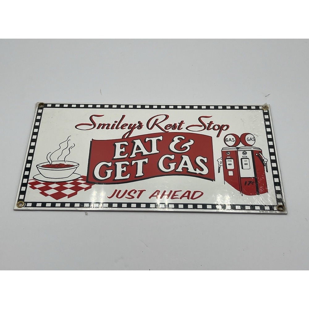 NEW Ande Rooney Smiley's Rest Stop Eat & Get Gas Just Ahead Porcelain Metal Sign